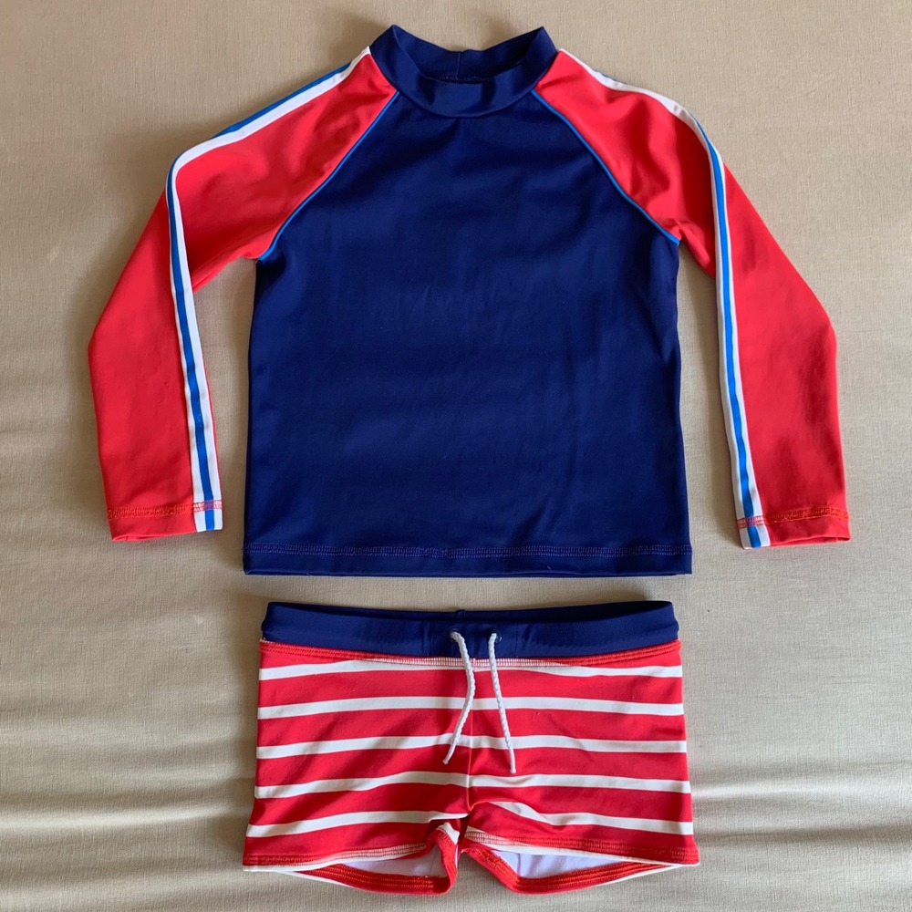 Mini Boden Kids Rash Guard Swimsuit Shorts Set Navy Red Stripe UPF 40+ Boys 3-4Y